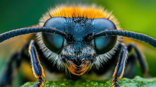 Macro Portrait of a Fuzzy Bumblebee with Compound Eyes