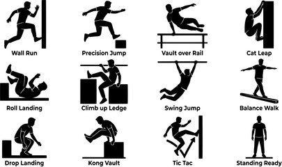 Fototapeta premium Parkour movement icon set in a flat black silhouette style including wall run, precision jump, vault, cat leap, roll, climb, swing, balance and landing.