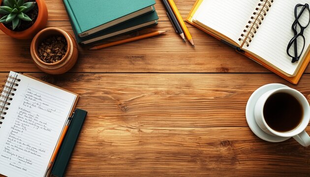 Wooden desk workspace flat lay with notebooks, books, coffee cup, plants, and glasses - top view study or office setup