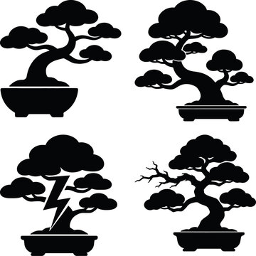 Bonsai tree vector silhouettes for minimalist landscape design and branding.