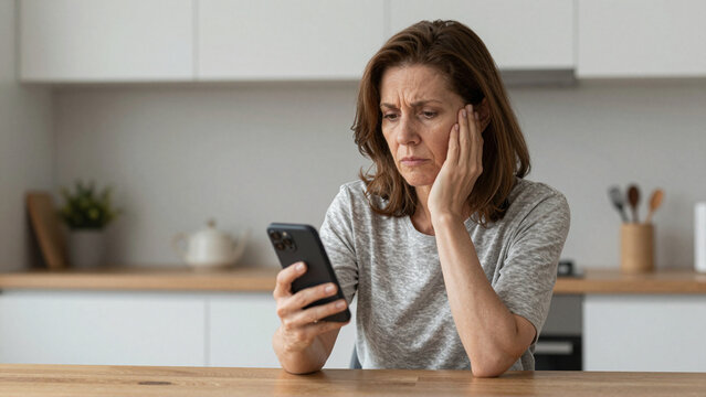 Distressed middle aged woman checks smartphone after suspected AI voice cloning scam call