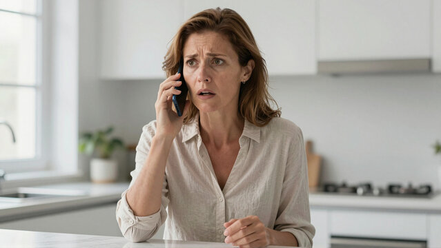 Worried woman listens to suspected AI voice cloning scam call in modern kitchen