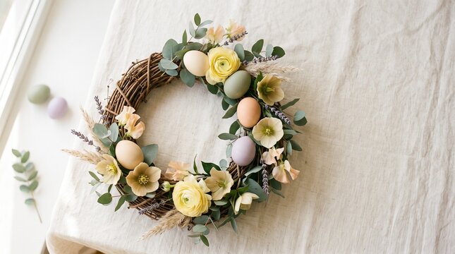 Easter wreath with colorful eggs and flowers on a light background  