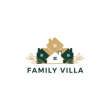 Elegant family villa logo with minimalist house silhouettes and gold leaf branches, concept for real estate branding, residential development identity and luxury hotel marketing.