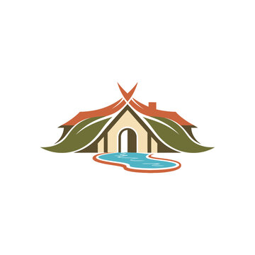 Elegant family villa logo with natural green leaf roof and blue swimming pool, concept for eco-friendly resort branding, ideal for luxury real estate and holiday rental business promotion.
