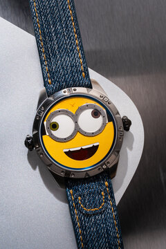 Konstantin Chaykin self-winding watch, Minions model, limited edition, steel case with yellow dial and fabric strap. Milan, Italy, August 21, 2026