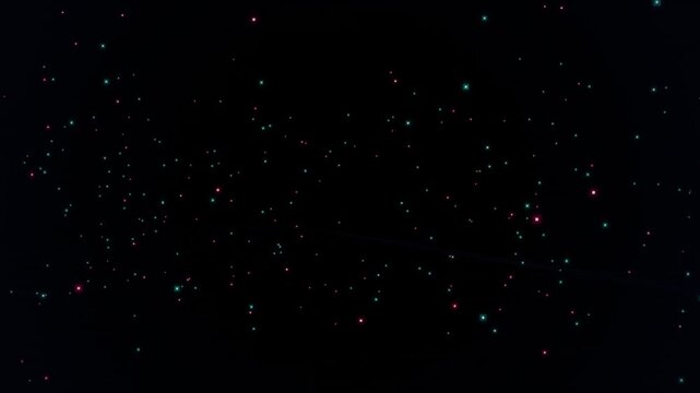 Cyan and magenta pixel particles floating against a dark background