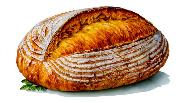 A large round golden-brown loaf of bread with a crusty exterior and a soft fluffy interior cut open to reveal its texture