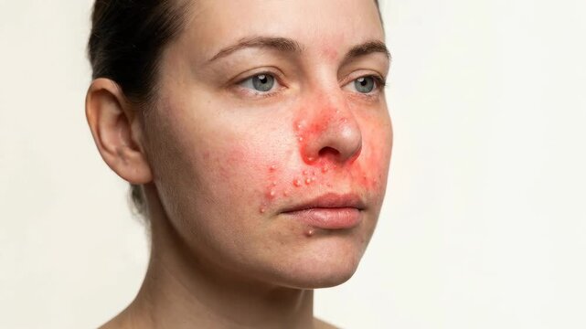 Bacterial skin condition: woman suffer, dermal pustule, facial redness, staphylococcus disease, infection develop, health problem, medical issue, symptom manifest.