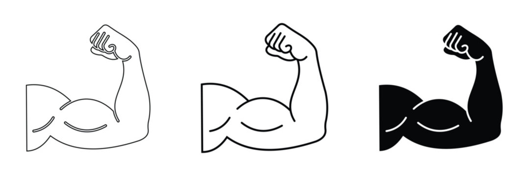 Set of three bicep muscle icons, flexing arm symbol, strong arm vector illustration, fitness and bodybuilding concept