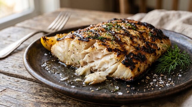 Grilled white fish fillet seasoned with herbs on a rustic ceramic plate