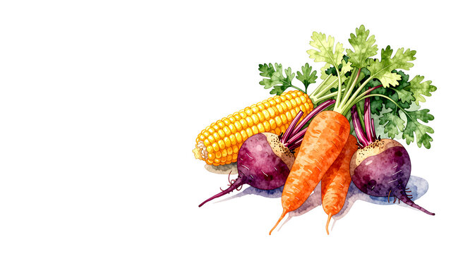 Fresh carrots beets and corn on white background watercolor illustration