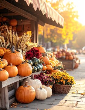 Vibrant Autumn Farmers Market Display with Pumpkins and Fall Flowers