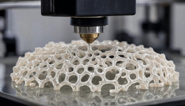Close-up of a 3d printer nozzle depositing molten plastic onto a complex geometric mesh