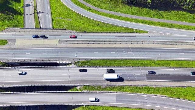 Aerial drone video of a highway with lots of cars, Infrastructure transportation traffic background