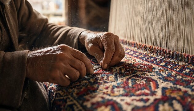 Elderly artisan weaving a detailed traditional carpet by hand with colorful threads