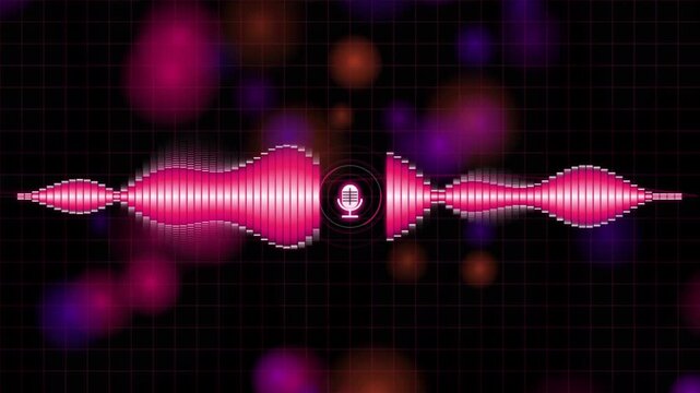 Digital audio waveform with microphone icon and pink equalizer bars