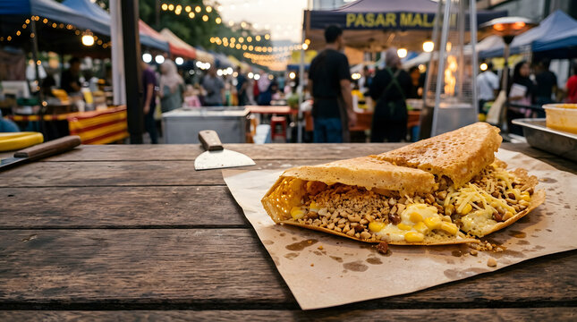 Crispy Apam Balik Peanut Corn Pancake Indonesian Street Food at Night Market