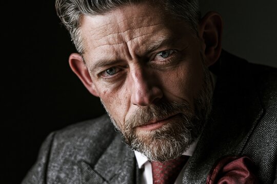 Close-up portrait of a determined lawyer in formal attire with dramatic shadows and a sophisticated corporate style.