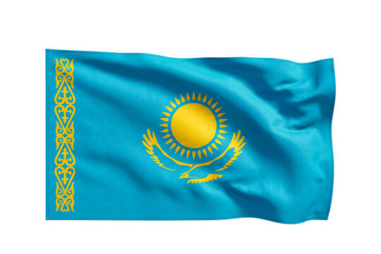 Kazakhstan flag isolated on transparency grid background with clipping path, waving in wind.