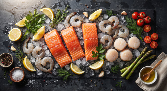 Premium Seafood Ingredients with Salmon Shrimp Scallops and Vegetables