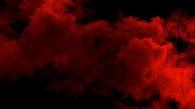Red smoke cloud rising against a dark black background, creating a dramatic atmospheric texture with mysterious swirling vapor, intense energy and abstract visual effects for creative backgrounds