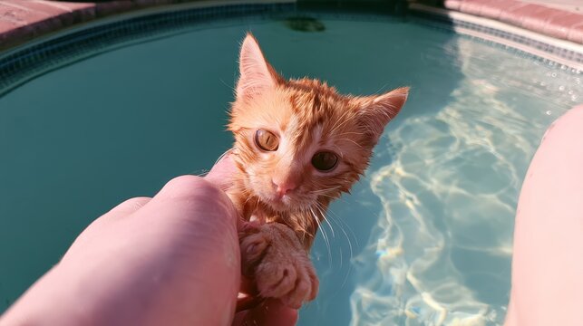 Small ginger cat being rescued from a swimming pool, wet frightened kitten receiving careful help and safety support after falling into water, highlighting pet rescue, animal care emergency assistance