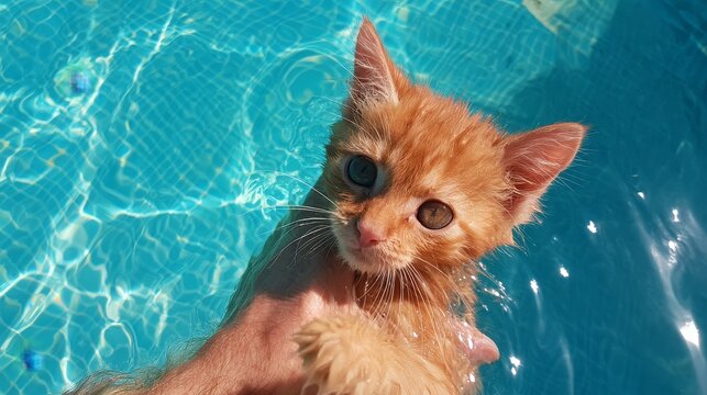 Small ginger cat being rescued from a swimming pool, wet frightened kitten receiving careful help and safety support after falling into water, highlighting pet rescue, animal care emergency assistance