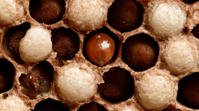 Varroa mite parasitizing honeybee brood inside a honeycomb, illustrating parasite infestation, bee disease, colony health, beekeeping challenges, pest control, and threats to honeybee populations