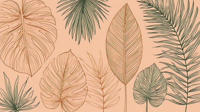 A collection of hand-drawn tropical leaves in vintage engraving style on a soft peach background. Perfect for elegant summer stationery and botanical wallpaper design.