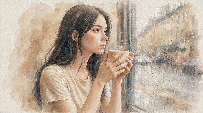 Woman Relaxing with a Coffee Cup by a Rainy Window, Watercolor Illustration