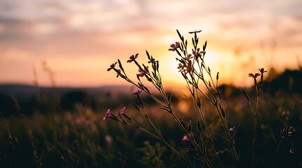 Fototapeta premium Beautiful wild pink flowers blooming in a grassy meadow during a golden sunset