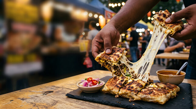 Indonesian Mozzarella Cheese Martabak Telur Stretch Street Food at Night Market