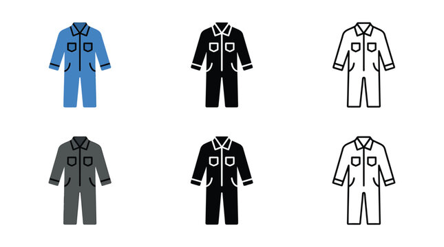 Set of mechanic coverall uniform icons in flat solid and outline styles for industrial design