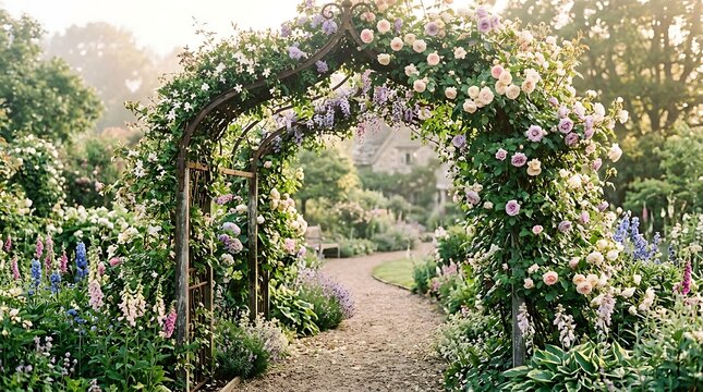 Beautiful wrought iron garden arch covered in blooming pastel roses and climbing flowers on a gravel path