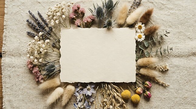 Blank paper card surrounded by dried flowers and natural grass composition