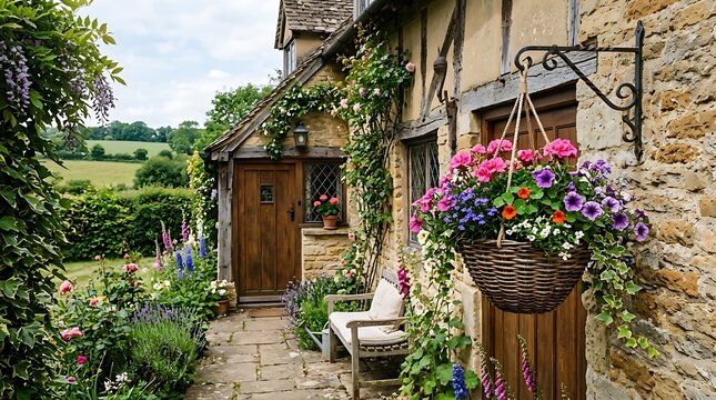 Charming traditional English stone cottage with blooming flower gardens and hanging baskets