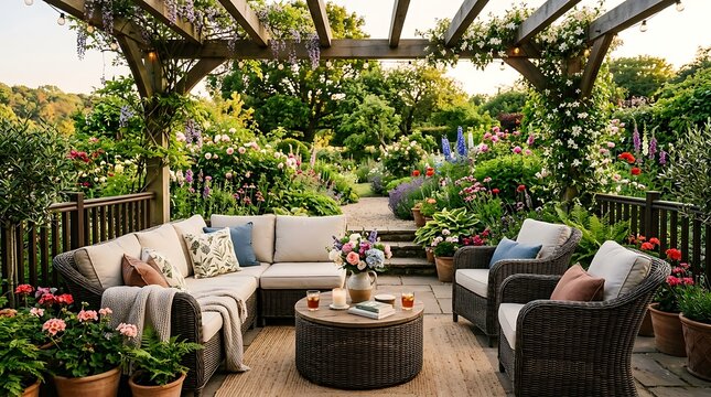Cozy outdoor patio lounge area with comfortable wicker furniture and beautiful blooming summer garden