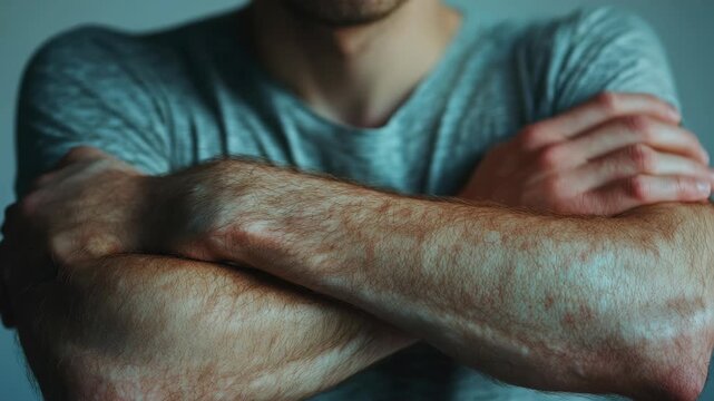 Close-up of a Man with Crossed Arms in a Grey T-shirt