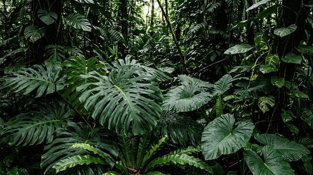 Dense tropical rainforest foliage with lush green monstera leaves and various exotic plants in the jungle