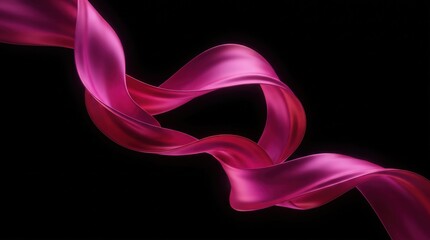 Obraz premium Smooth flowing pink silk ribbon waving against a dark background with pink satin