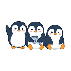 Fototapeta premium Adorable cartoon penguins with one waving and another holding a fish, concept for cheerful arctic wildlife illustration, ideal for children book design and nursery stickers