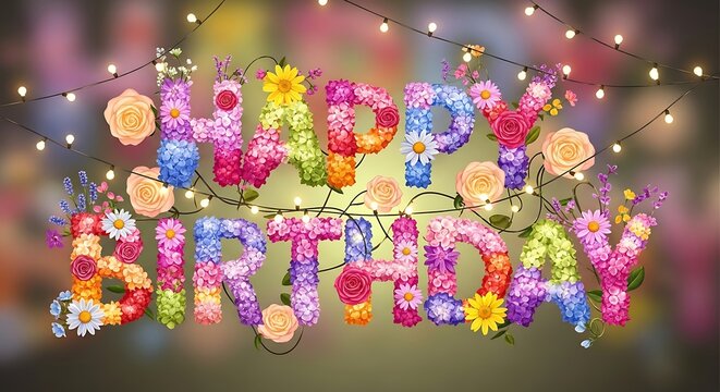 Happy Birthday text made from colorful blooming flowers and decorative fairy lights on a soft gradient background