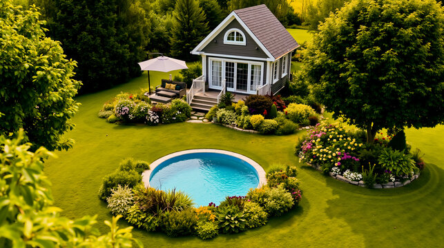 A picturesque scene of a small house with a pool and garden surrounded by lush greenery