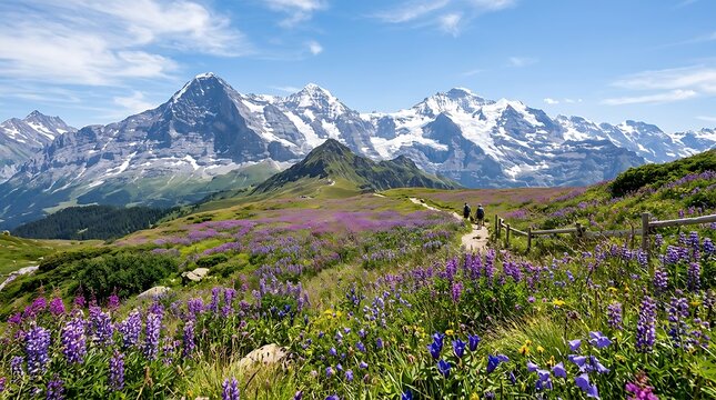 Hikers walking on a mountain trail through a meadow of blooming purple alpine flowers under the snowy swiss alps