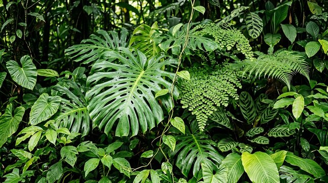 Lush tropical rainforest foliage featuring monstera leaves and various exotic green plants in a dense garden setting