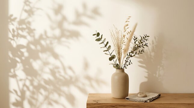 Minimalist ceramic vase with dried grass and eucalyptus leaves on wooden table with warm sunlight shadows