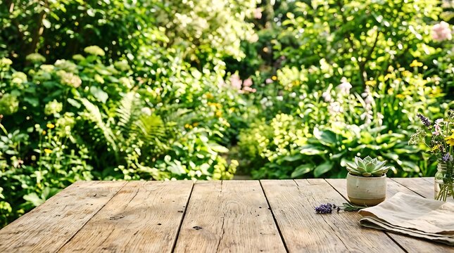 Rustic wooden table in a sunny garden with succulents and wildflowers