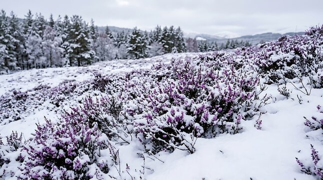 Scenic winter landscape with purple heather flowers covered in fresh white snow