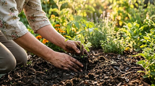 Senior woman hands planting a young tomato seedling into the soil in a garden